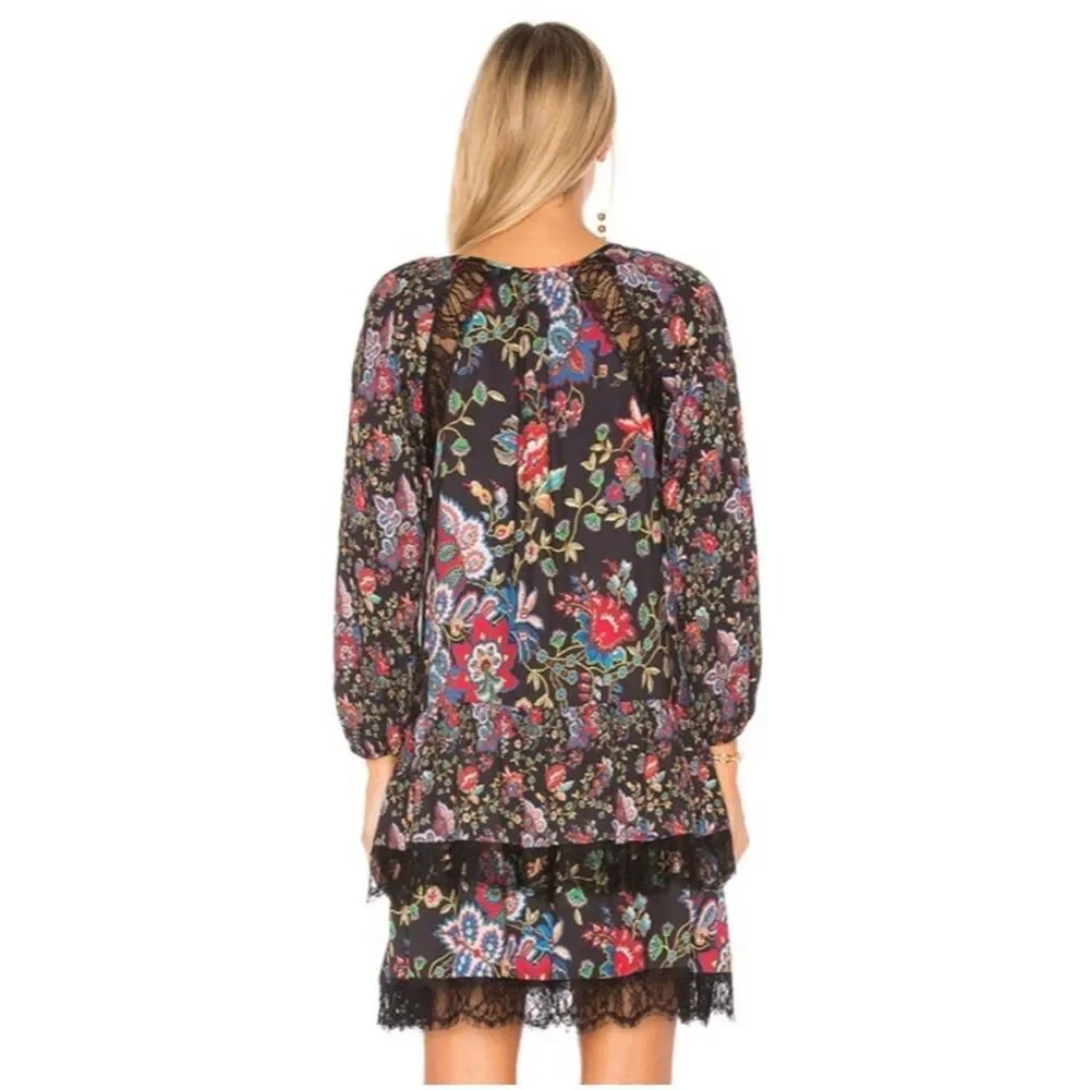 Alice + Olivia Lakita Tunic Dress Small Black Floral Long Sleeve Tiered Lace Boh - Picture 8 of 16